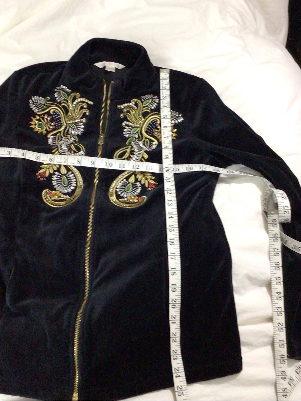 Boston Proper Black Velour Zip Up with Gold Embroidery Size M - Picture 5 of 8